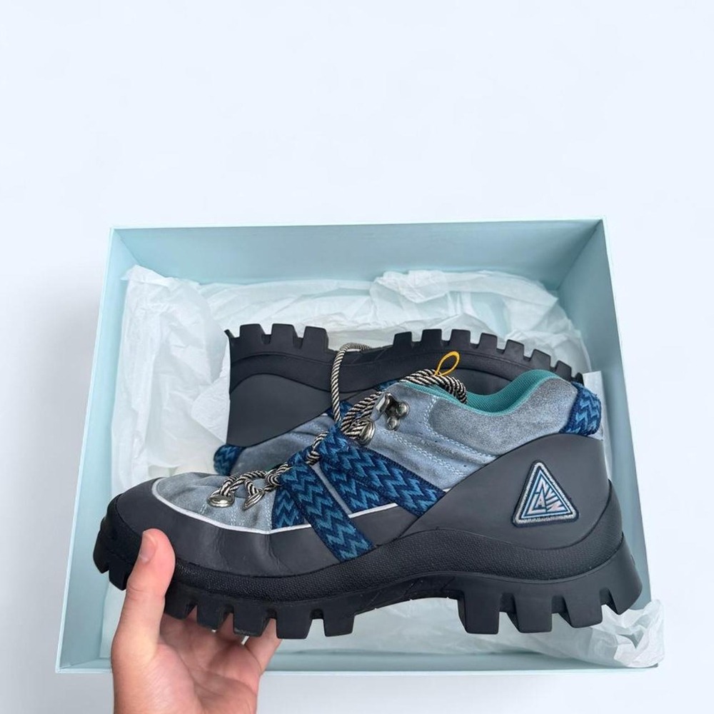 Lanvin Blue Green Zigzag Stitched Hiking Boots Vibram Sole Mens EUR 42
